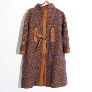 Bonnie Cashin for Sills Tweed Boucle Coat Jacket Vintage Blue Tan Suede Wool